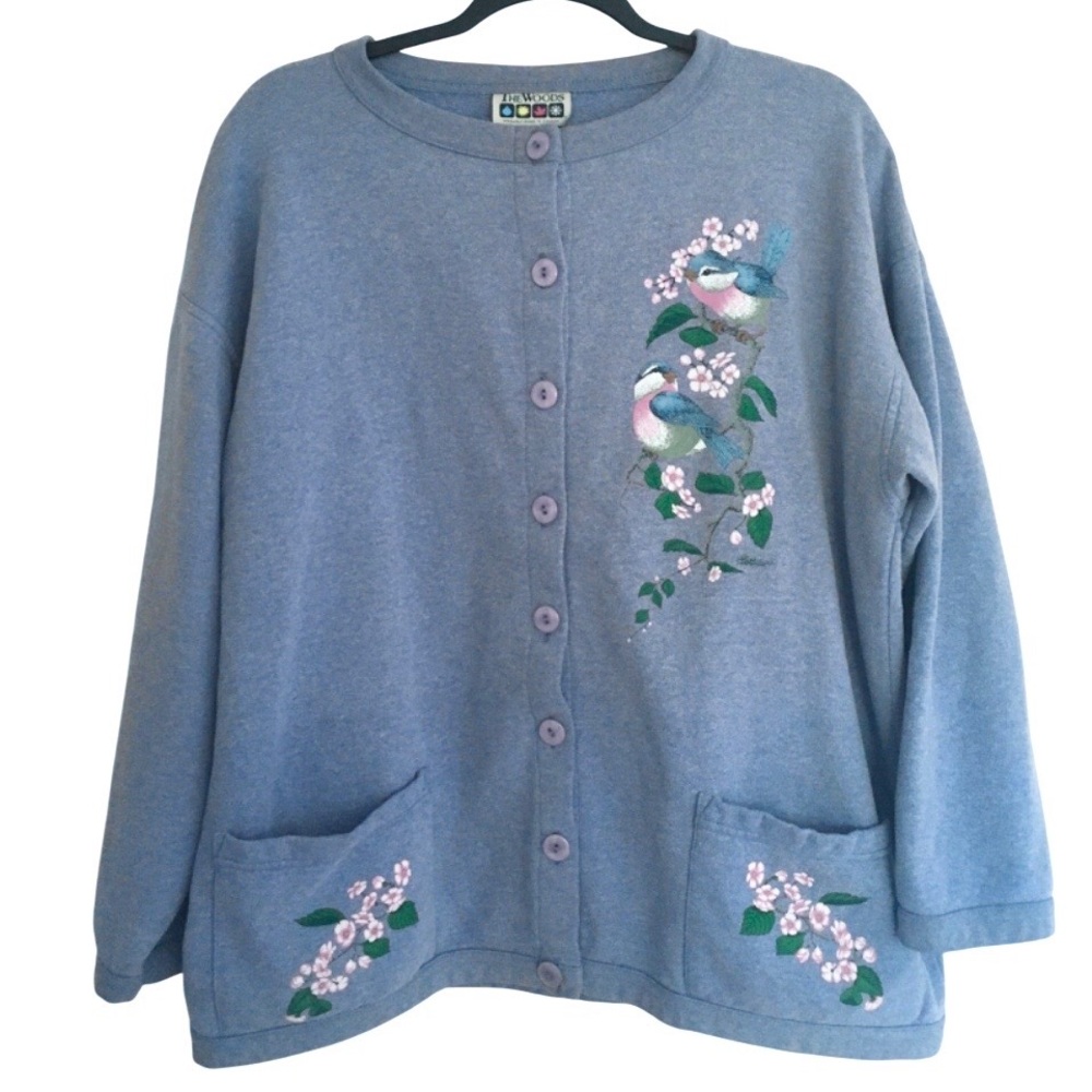 Vintage Blue Bird Cardigan Button Up Cottagecore Grandma Sweater Floral L